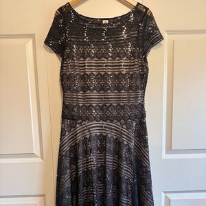 SANGRIA lace & sequin black nude sheath dress size 12